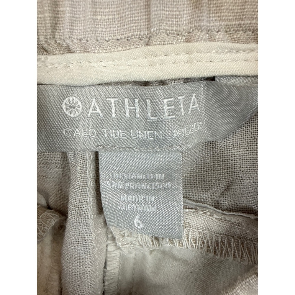 Athleta Cabo Tide Linen Jogger Pants Drawstring Elastic Waist Camo Tan Size 6 - Picture 4 of 12